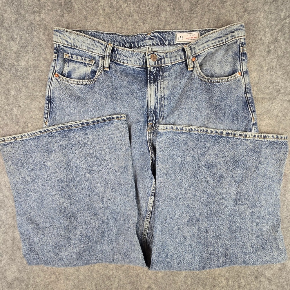 GAP Baggy Mid Rise Jeans Womens 33/16 Regular Medium Indigo Ultrasoft Wide Leg